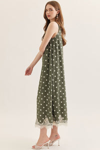 Pretty in Polka Printed Halter Neck Maxi Dress w/ Lace Trim - Olive
