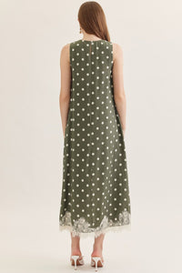 Pretty in Polka Printed Halter Neck Maxi Dress w/ Lace Trim - Olive
