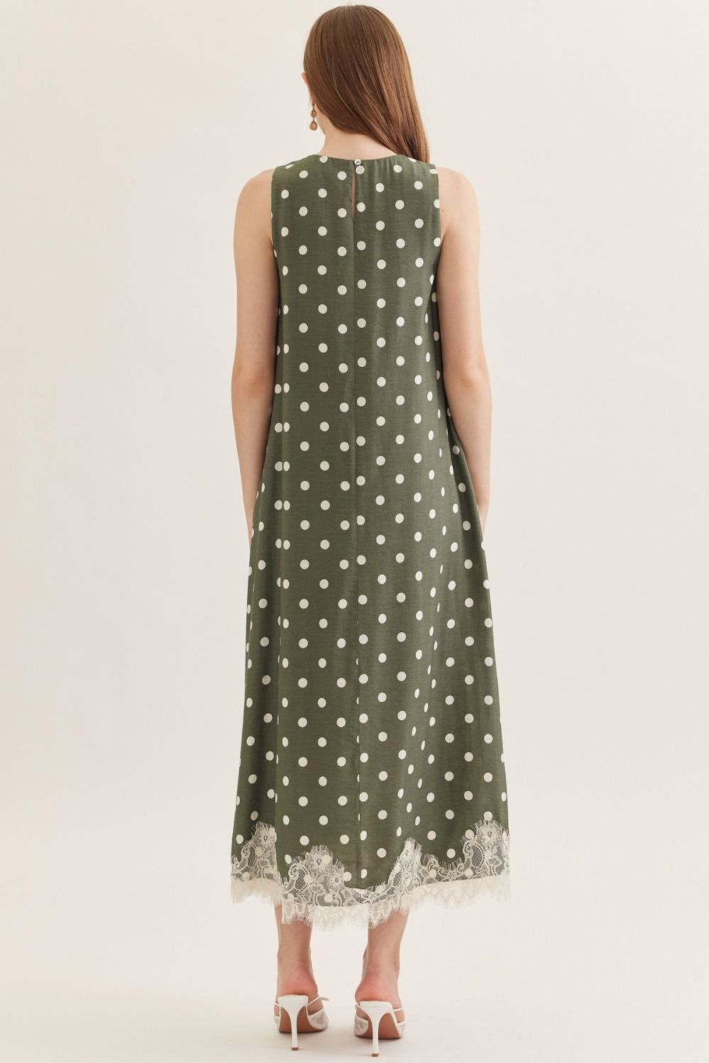 Pretty in Polka Printed Halter Neck Maxi Dress w/ Lace Trim - Olive