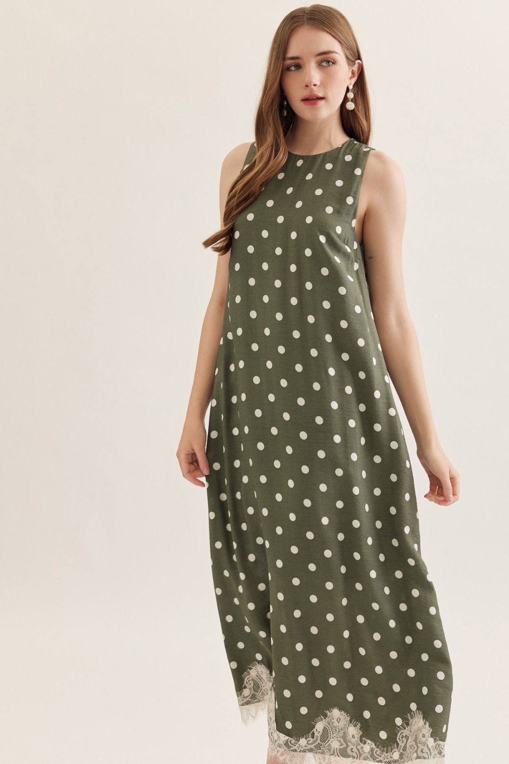 Pretty in Polka Printed Halter Neck Maxi Dress w/ Lace Trim - Olive