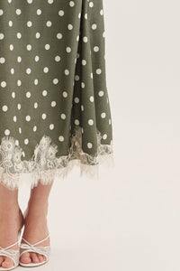 Pretty in Polka Printed Halter Neck Maxi Dress w/ Lace Trim - Olive