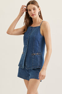 Denim Daydream Sleeveless Button Down Vest - Dark Denim