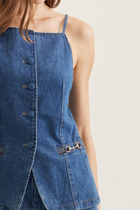 Denim Daydream Sleeveless Button Down Vest - Dark Denim