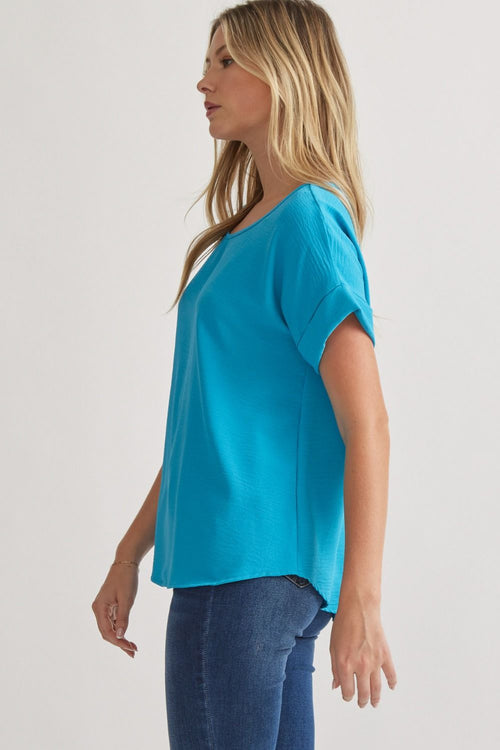 Cassie Cuffed Short Sleeve Blouse - Turquoise