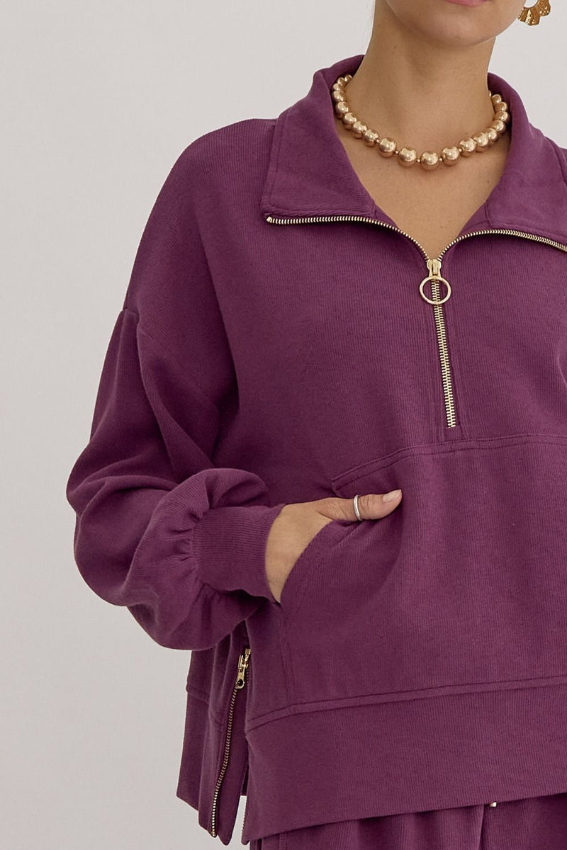 Leisure Meets Luxury Plum Pullover with Gold Detail