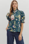 Bouquet Blend Floral Printed Collared Blouse - Teal