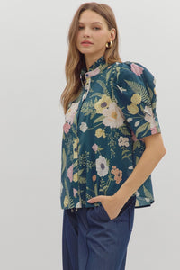 Bouquet Blend Floral Printed Collared Blouse - Teal