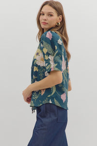 Bouquet Blend Floral Printed Collared Blouse - Teal