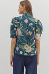 Bouquet Blend Floral Printed Collared Blouse - Teal