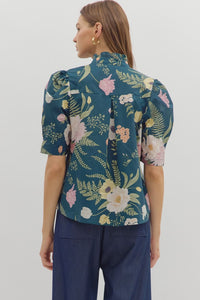 Bouquet Blend Floral Printed Collared Blouse - Teal