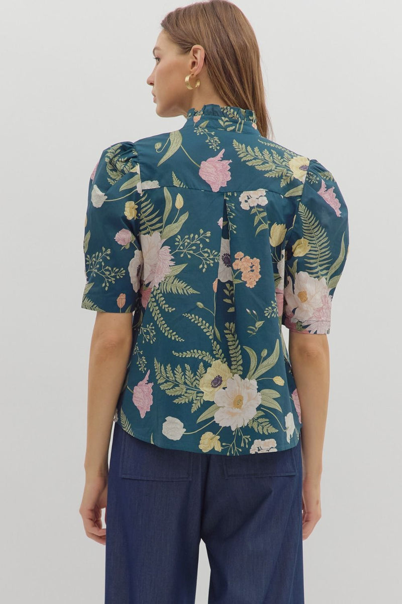 Bouquet Blend Floral Printed Collared Blouse - Teal