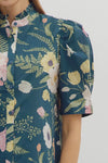 Bouquet Blend Floral Printed Collared Blouse - Teal