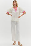 Uniquely Chic Contrast Collared Blouse - Cream + Pink