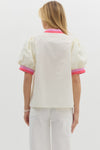 Uniquely Chic Contrast Collared Blouse - Cream + Pink