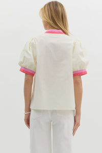 Uniquely Chic Contrast Collared Blouse - Cream + Pink