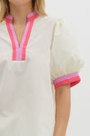 Uniquely Chic Contrast Collared Blouse - Cream + Pink