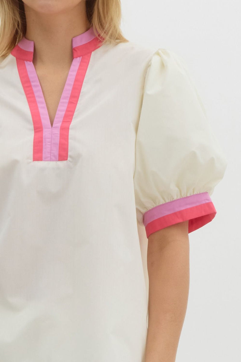 Uniquely Chic Contrast Collared Blouse - Cream + Pink