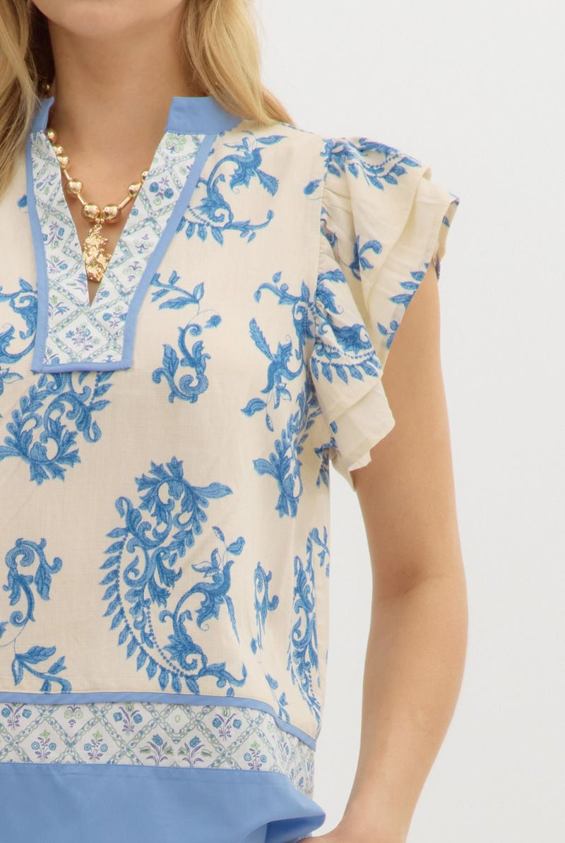 Brunch By The Bay Blue Printed Tiered Detail Blouse