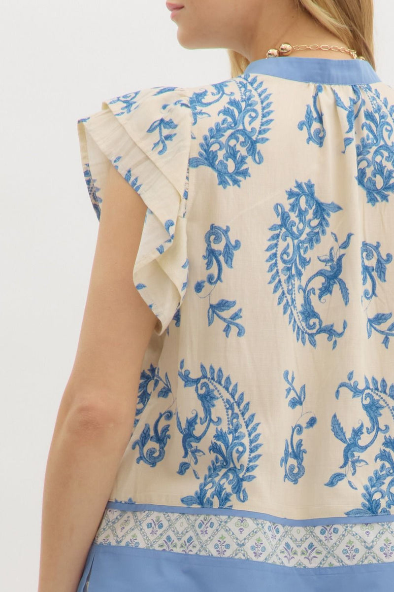 Brunch By The Bay Blue Printed Tiered Detail Blouse