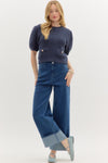 Alluring Attire Puff Sleeve Sweater Top w/ Gold Accent Buttons - Navy