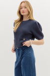 Alluring Attire Puff Sleeve Sweater Top w/ Gold Accent Buttons - Navy