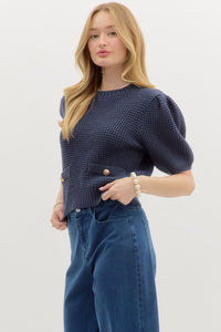 Alluring Attire Puff Sleeve Sweater Top w/ Gold Accent Buttons - Navy