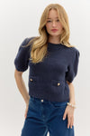 Alluring Attire Puff Sleeve Sweater Top w/ Gold Accent Buttons - Navy