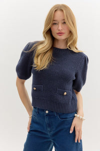 Alluring Attire Puff Sleeve Sweater Top w/ Gold Accent Buttons - Navy