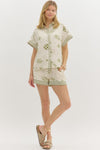 Greece Getaway Printed Contrast Button Up Top - Olive