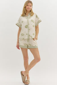 Greece Getaway Printed Contrast Button Up Top - Olive
