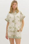 Greece Getaway Printed Contrast Button Up Top - Olive