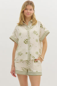 Greece Getaway Printed Contrast Button Up Top - Olive