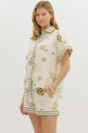 Greece Getaway Printed Contrast Button Up Top - Olive