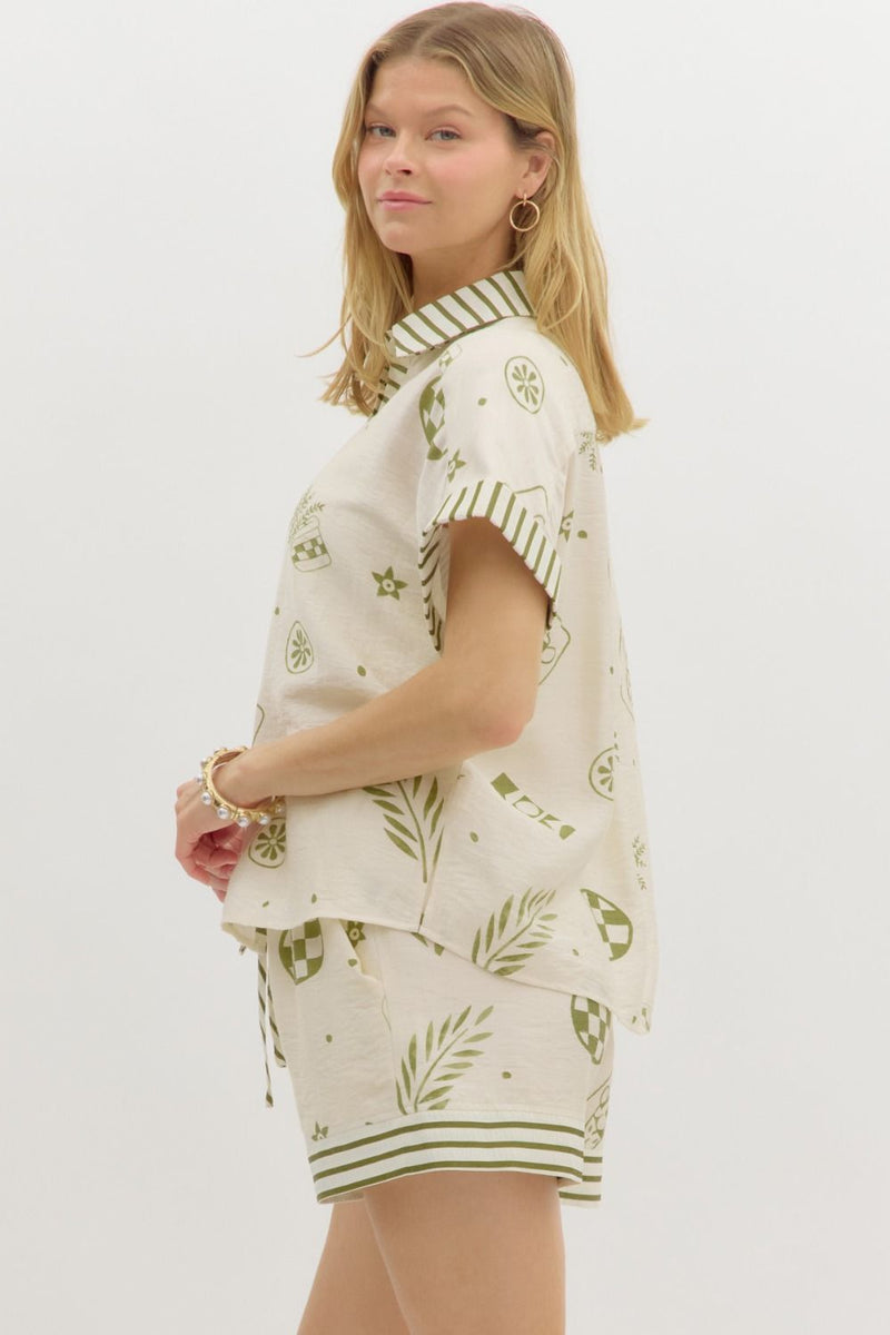 Greece Getaway Printed Contrast Button Up Top - Olive