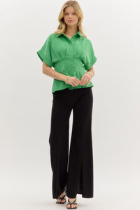 Fields of Green Pleated Button Up Top
