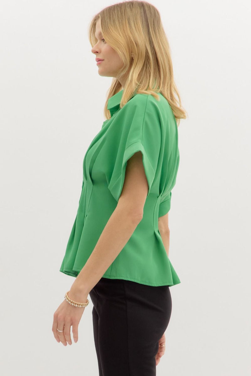 Fields of Green Pleated Button Up Top