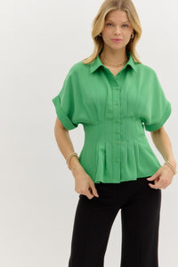 Fields of Green Pleated Button Up Top