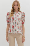 Rose Court Floral & Lace Pleated Puff Sleeve Blouse