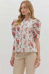 Rose Court Floral & Lace Pleated Puff Sleeve Blouse