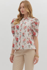 Rose Court Floral & Lace Pleated Puff Sleeve Blouse