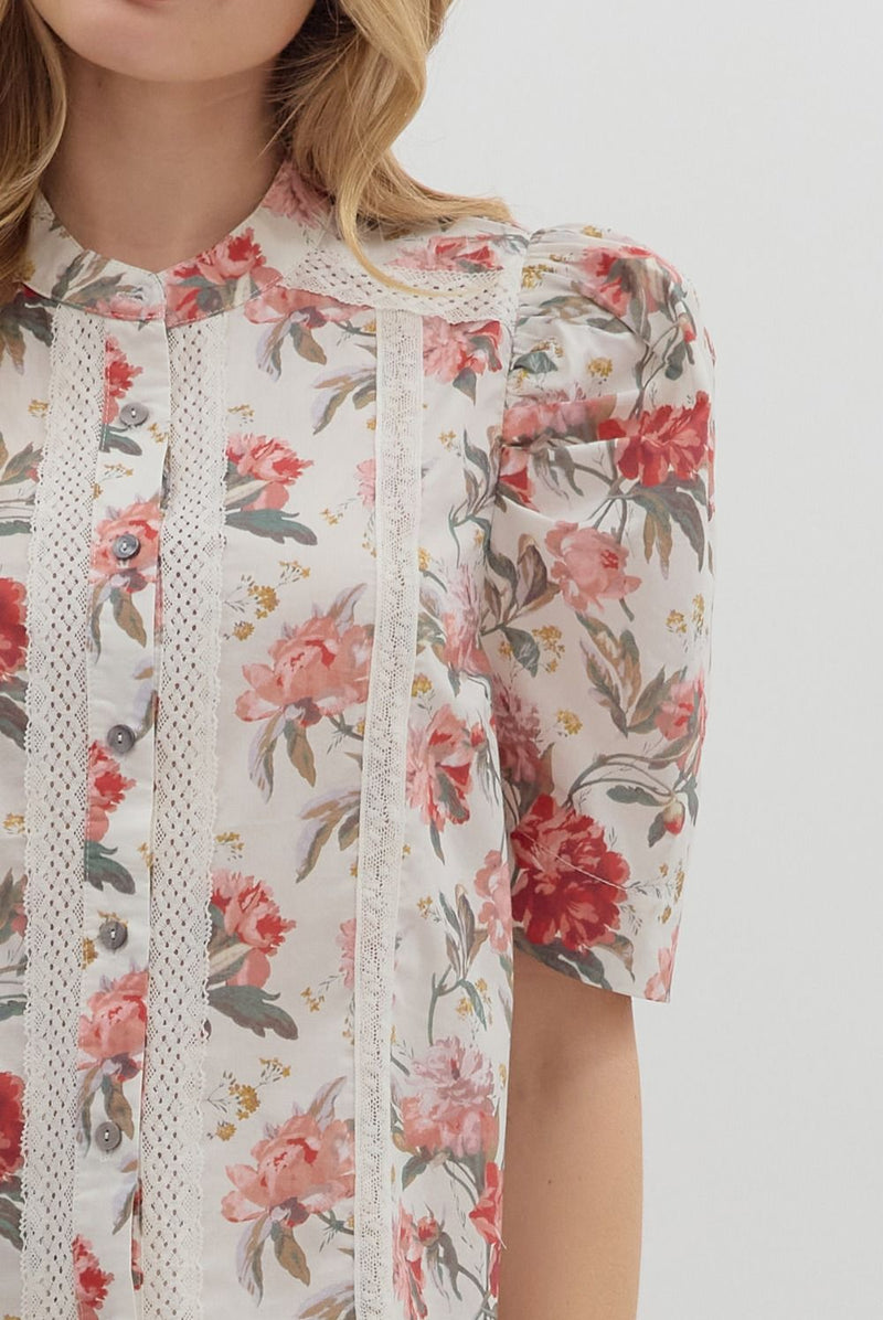 Rose Court Floral & Lace Pleated Puff Sleeve Blouse