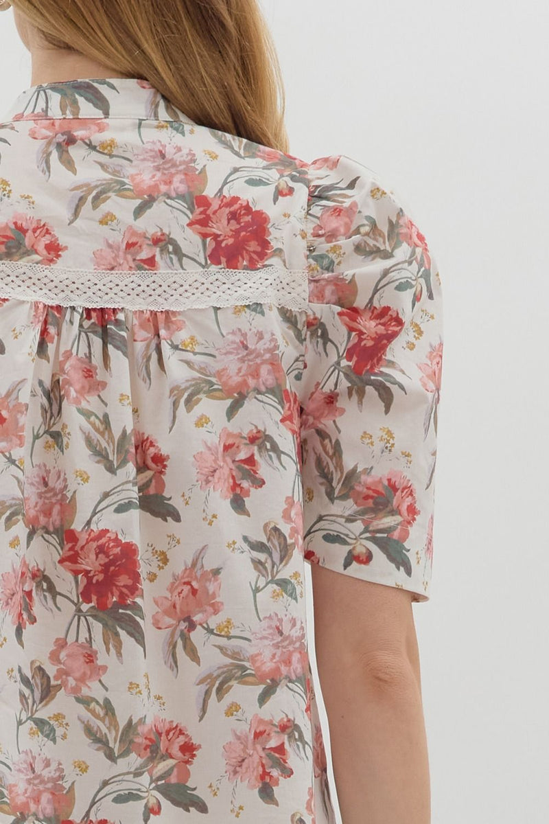Rose Court Floral & Lace Pleated Puff Sleeve Blouse