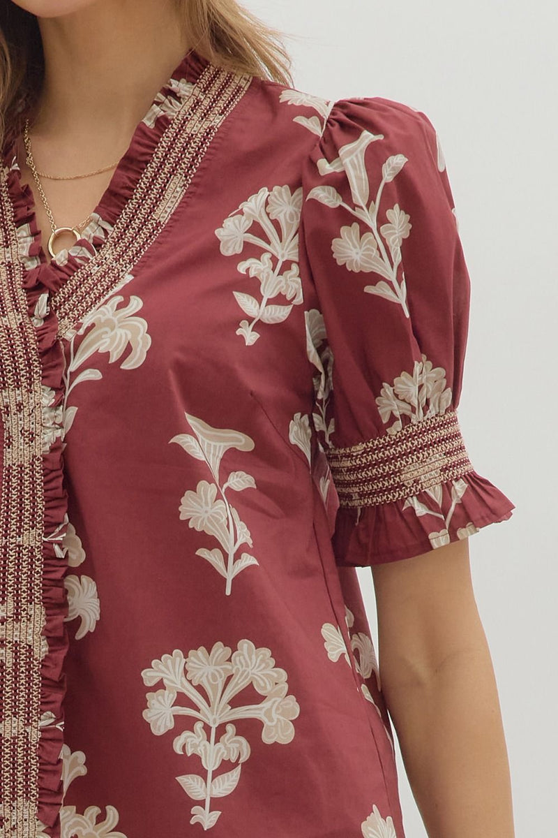 Rosewood Floral Print Detailed Blouse