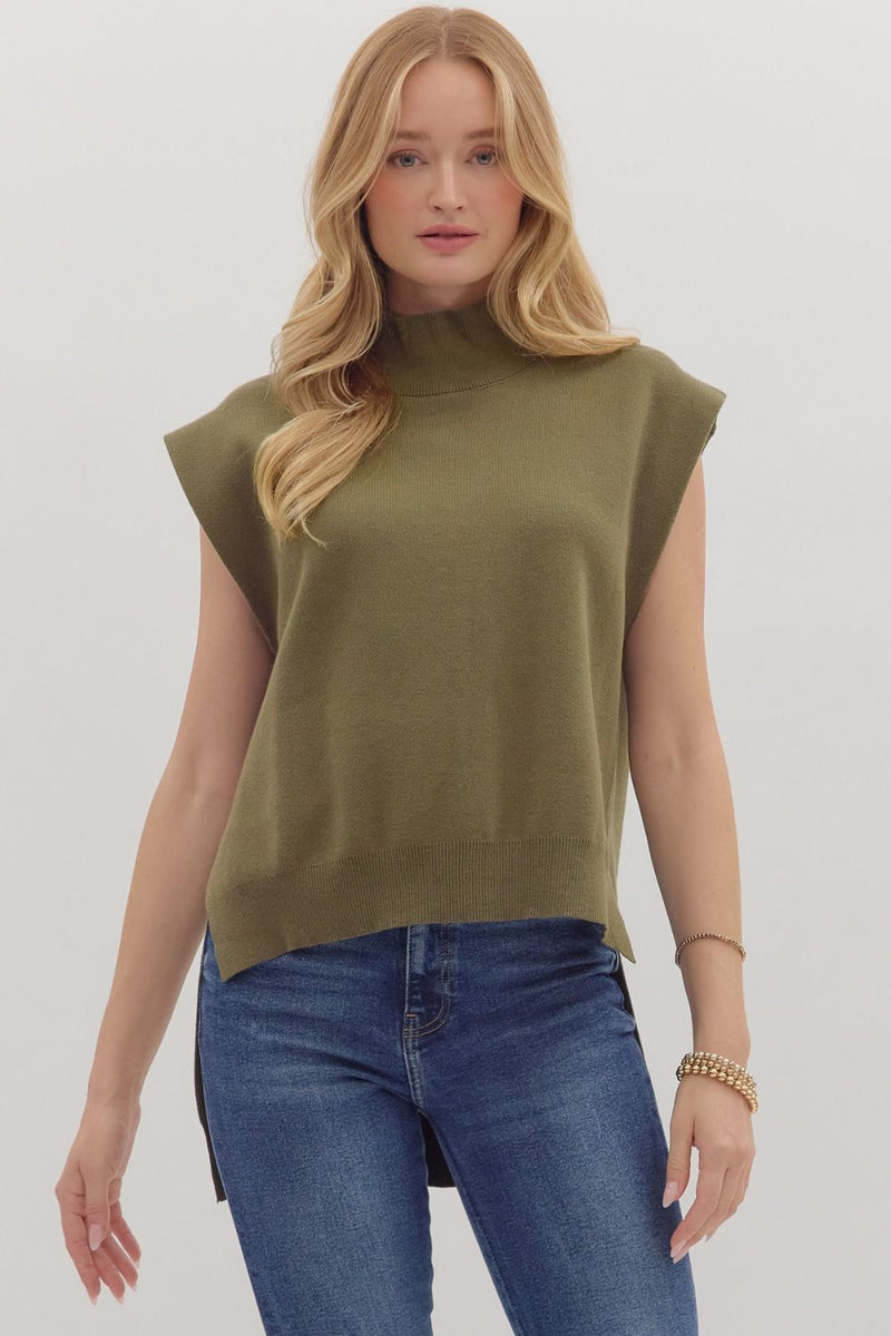 Cabernet & Cashmere Knit Everyday Hi-Low Blouse - Olive