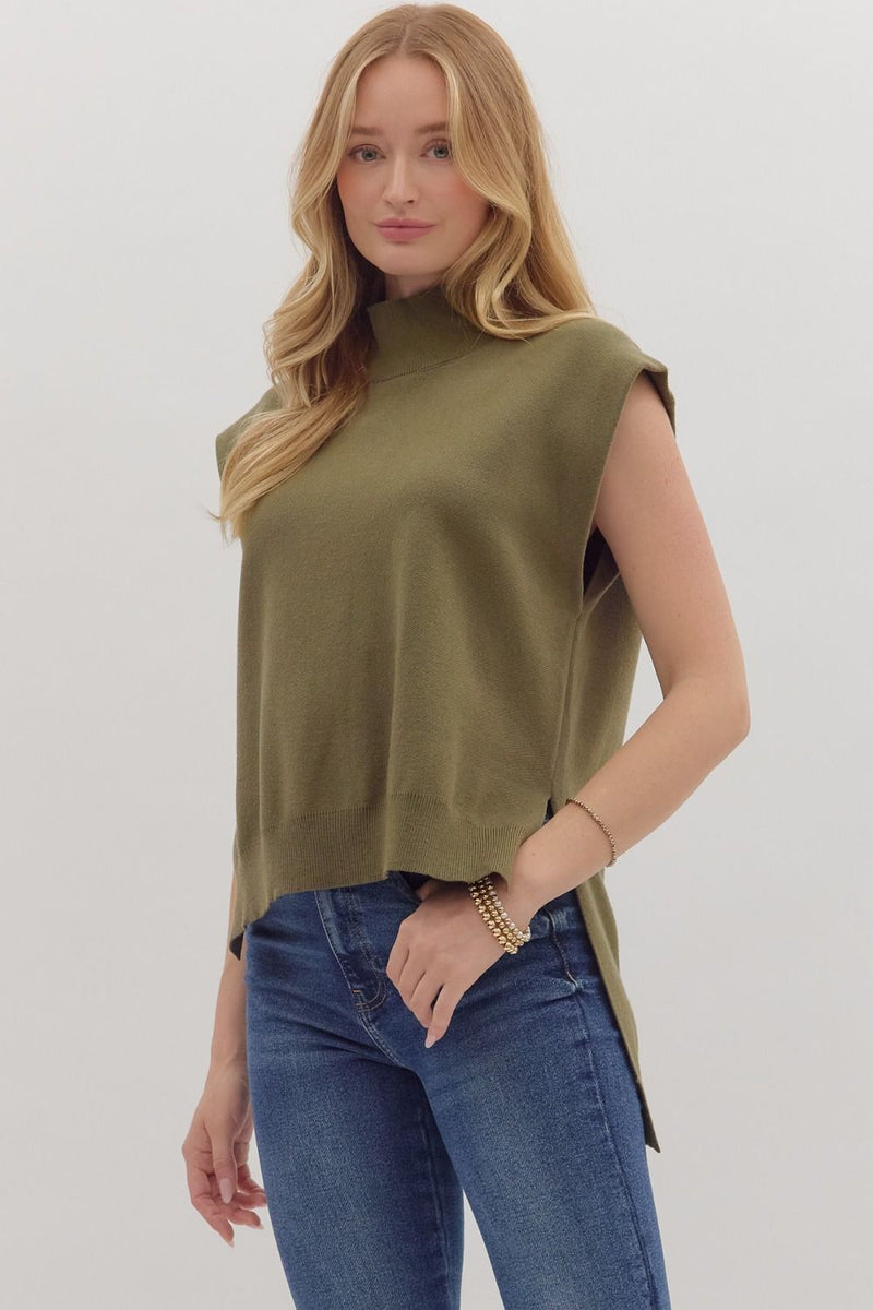 Cabernet & Cashmere Knit Everyday Hi-Low Blouse - Olive