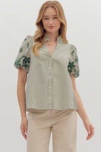 Elegant In Emerald Stripes + Floral Print Blouse