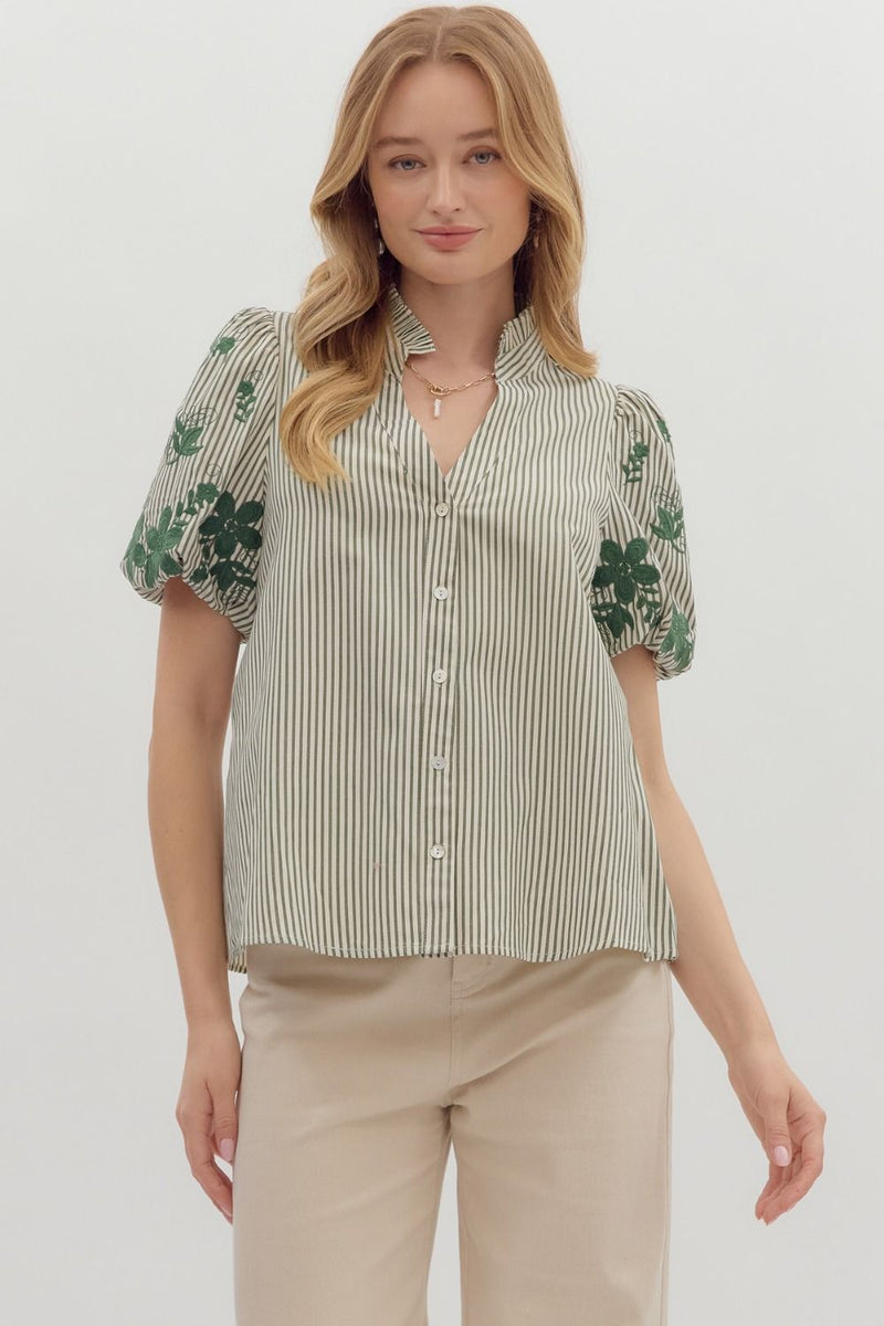 Elegant In Emerald Stripes + Floral Print Blouse