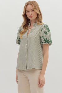 Elegant In Emerald Stripes + Floral Print Blouse
