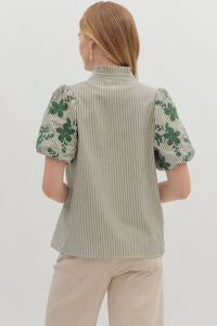 Elegant In Emerald Stripes + Floral Print Blouse