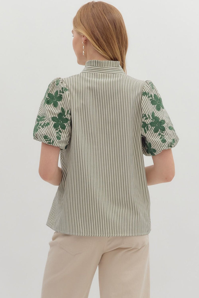 Elegant In Emerald Stripes + Floral Print Blouse